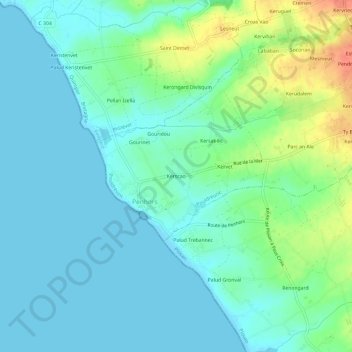 Carte topographique Kerscao, altitude, relief