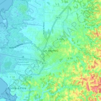 Carte topographique Les Abymes, altitude, relief