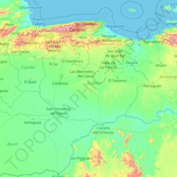 Carte topographique Guárico, altitude, relief