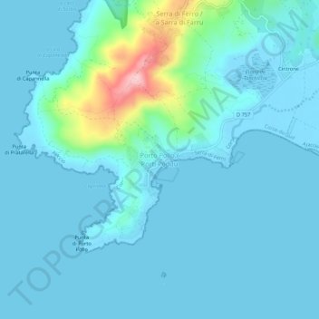 Carte topographique Porto Pollo, altitude, relief