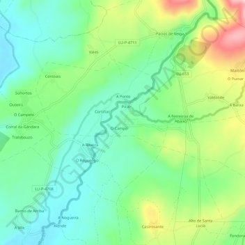 Carte topographique Outeiro, altitude, relief