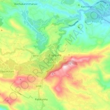 Carte topographique Elappara, altitude, relief
