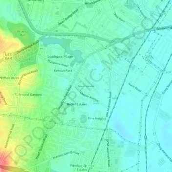 Carte topographique Southlands, altitude, relief