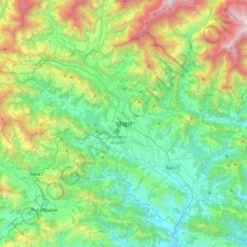 Carte topographique Pokhara, altitude, relief