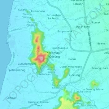 Carte topographique Kecamatan Gerung, altitude, relief