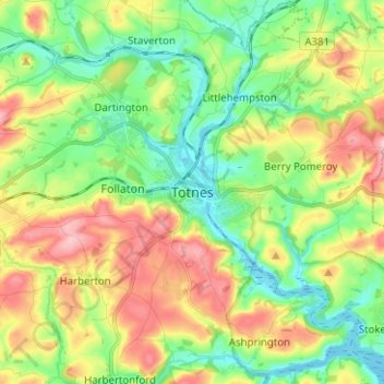 Carte topographique Totnes, altitude, relief