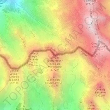 Carte topographique Cime du Mercantour, altitude, relief