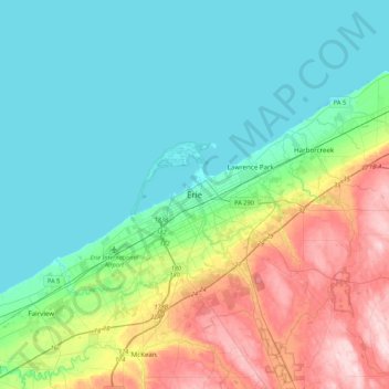 Carte topographique Erie, altitude, relief