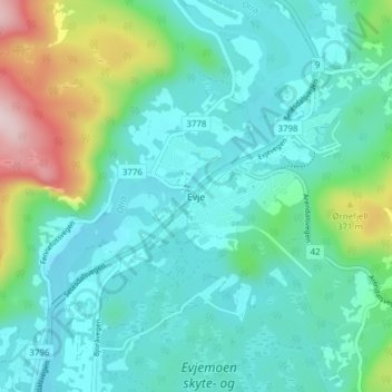 Carte topographique Evje, altitude, relief