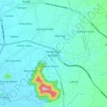 Carte topographique Kecamatan Kuripan, altitude, relief