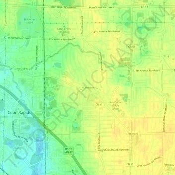 Carte topographique Northdale, altitude, relief