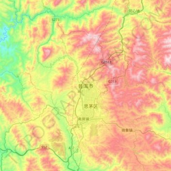 Carte topographique Pu'er, altitude, relief
