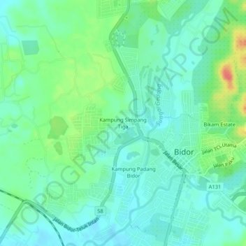 Carte topographique Kampung Simpang Tiga, altitude, relief