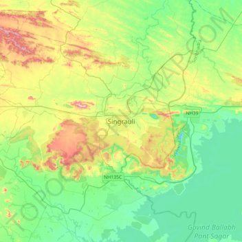 Carte topographique Singrauli, altitude, relief
