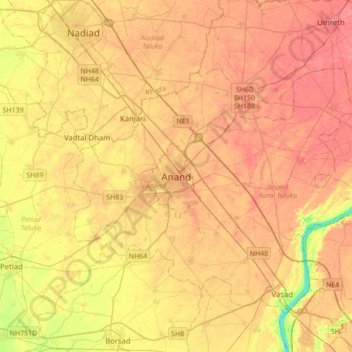 Carte topographique Anand, altitude, relief
