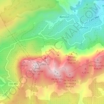 Carte topographique Castell de Benissili, altitude, relief
