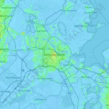 Carte topographique Amsterdam, altitude, relief