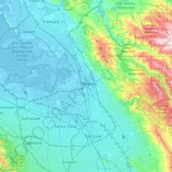 Carte topographique Milpitas, altitude, relief