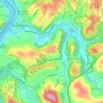 Carte topographique South Hills, altitude, relief