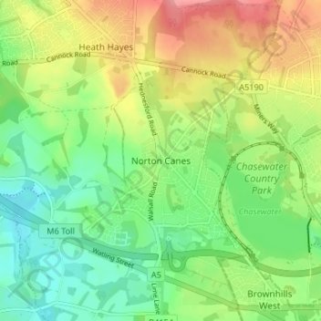 Carte topographique Norton Canes, altitude, relief
