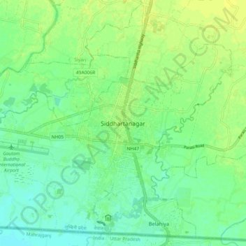 Carte topographique Siddhartanagar, altitude, relief