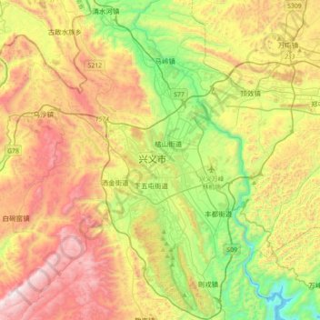 Carte topographique Qianxinan, altitude, relief