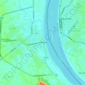 Carte topographique Mukdahan, altitude, relief