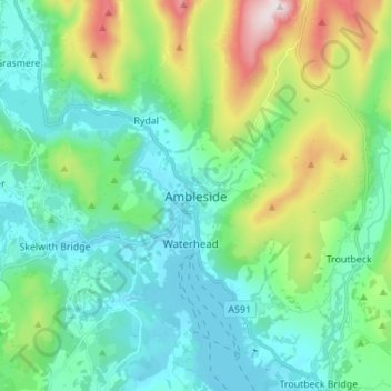 Carte topographique Ambleside, altitude, relief