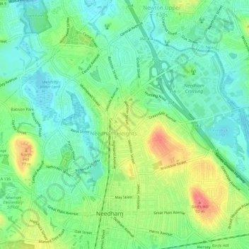 Carte topographique Needham Heights, altitude, relief