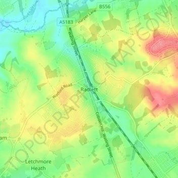 Carte topographique Radlett, altitude, relief