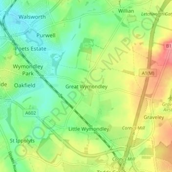 Carte topographique Great Wymondley, altitude, relief