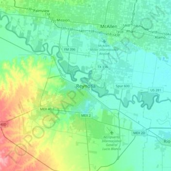 Carte topographique Reynosa, altitude, relief