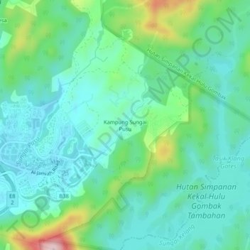 Carte topographique Kampung Sungai Pusu, altitude, relief