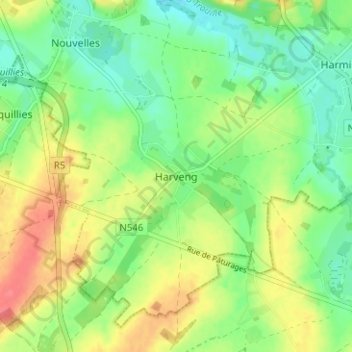 Carte topographique Harveng, altitude, relief