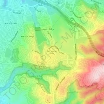 Carte topographique San Joaquin Hills, altitude, relief