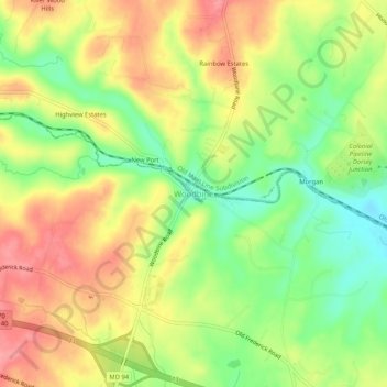 Carte topographique Woodbine, altitude, relief