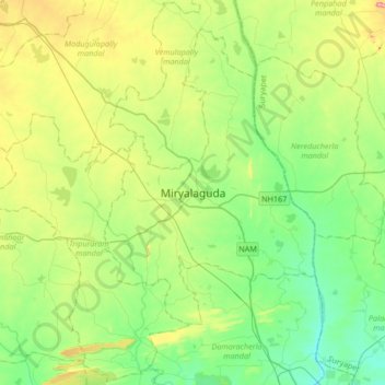 Carte topographique Miryalaguda, altitude, relief