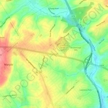 Carte topographique Broomall, altitude, relief