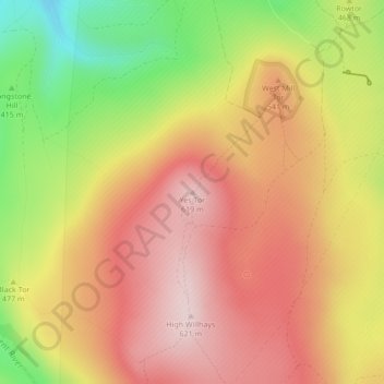 Carte topographique Yes Tor, altitude, relief