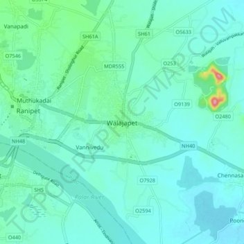 Carte topographique Walajapet, altitude, relief