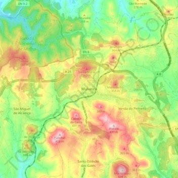 Carte topographique Malveira, altitude, relief