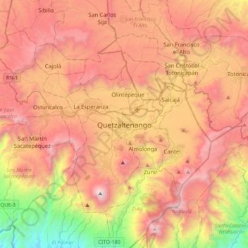 Carte topographique Quetzaltenango, altitude, relief