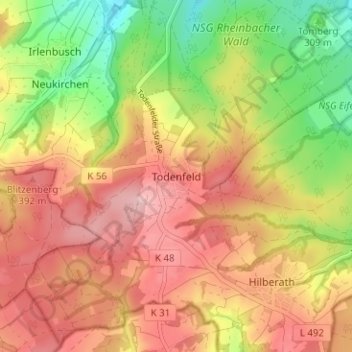 Carte topographique Todenfeld, altitude, relief