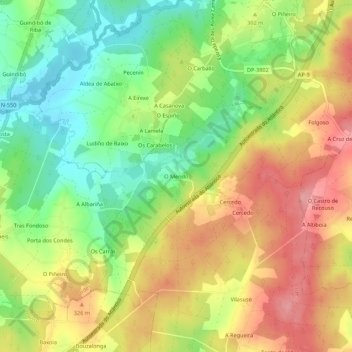 Carte topographique O Mendo, altitude, relief