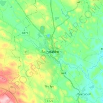 Carte topographique Ballynahinch, altitude, relief