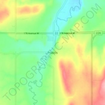 Carte topographique Priddis, altitude, relief