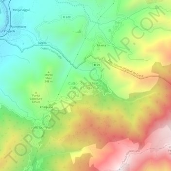 Carte topographique Cuttoli-Corticchiato, altitude, relief