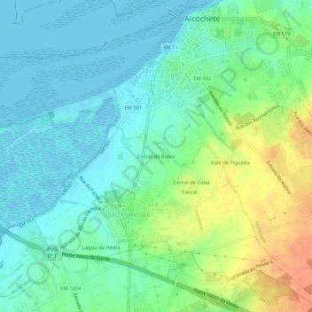Carte topographique Cercal de Baixo, altitude, relief