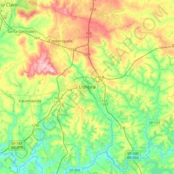 Carte topographique Limeira, altitude, relief