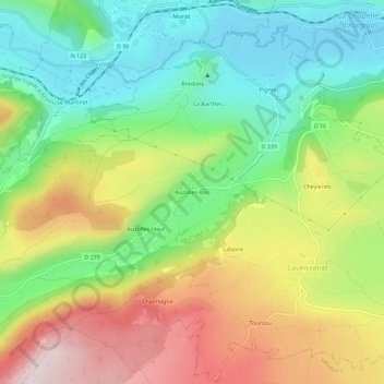 Carte topographique Auzolles-Bas, altitude, relief